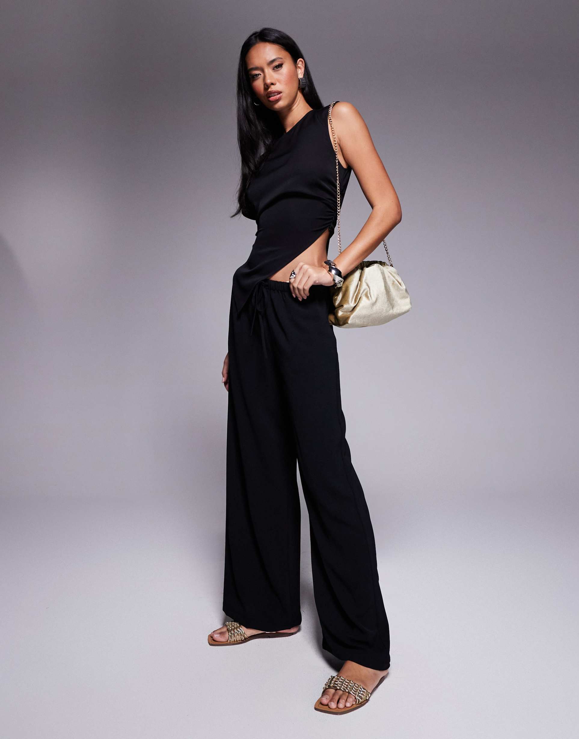 asos design tie waist pants in black - part of a set