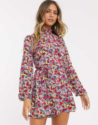 tie waist playsuit in ditsy floral-Multi