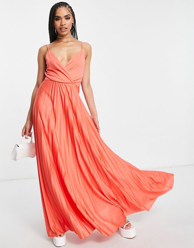 ASOS DESIGN tie waist pleated maxi dress in Coral Pink - MULTI