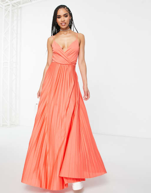 Coral pleated outlet maxi dress