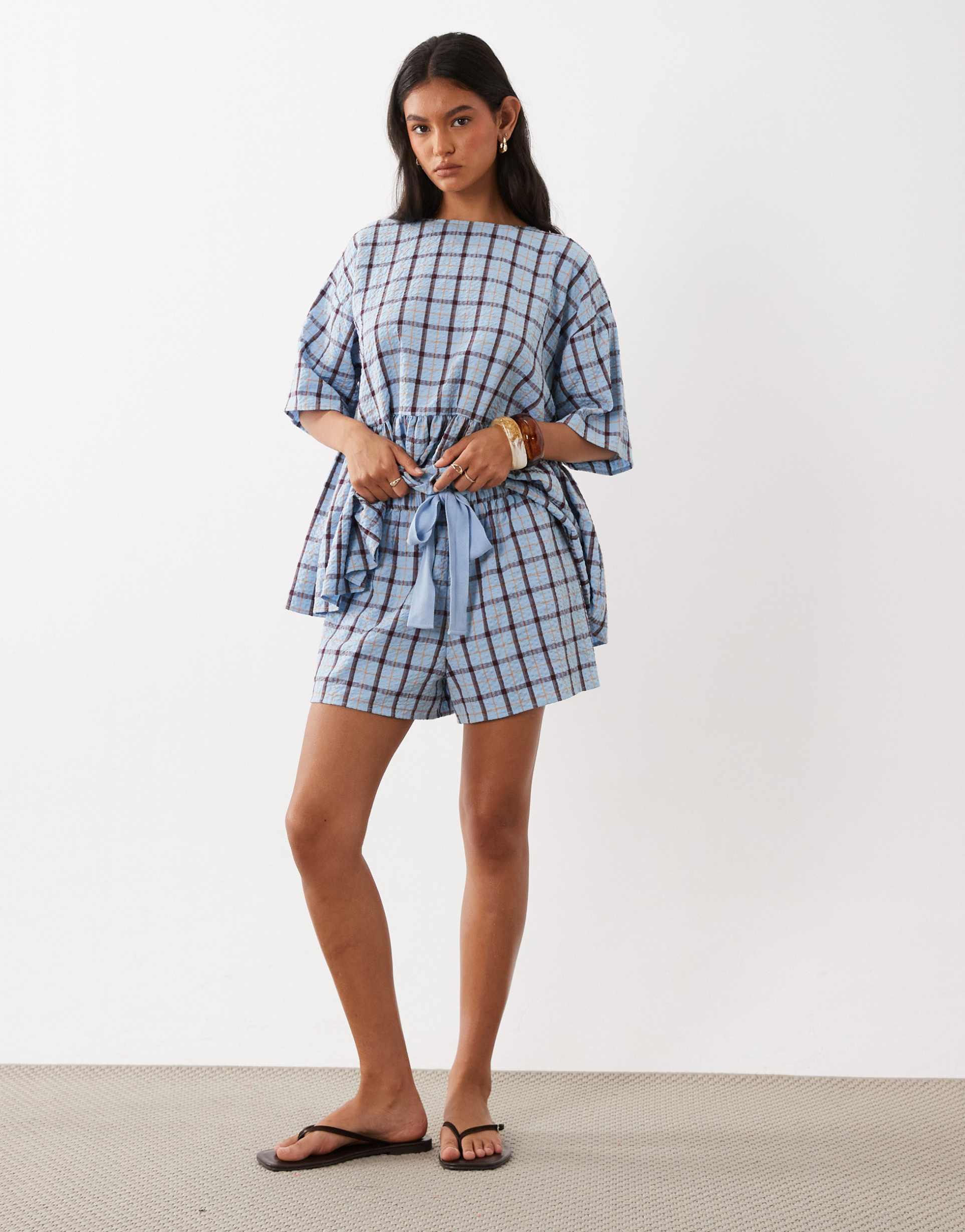ASOS DESIGN tie waist pocket detail shorts in blue check
