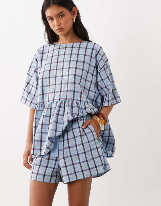 ASOS DESIGN tie waist pocket detail shorts in blue check, 2 of 5