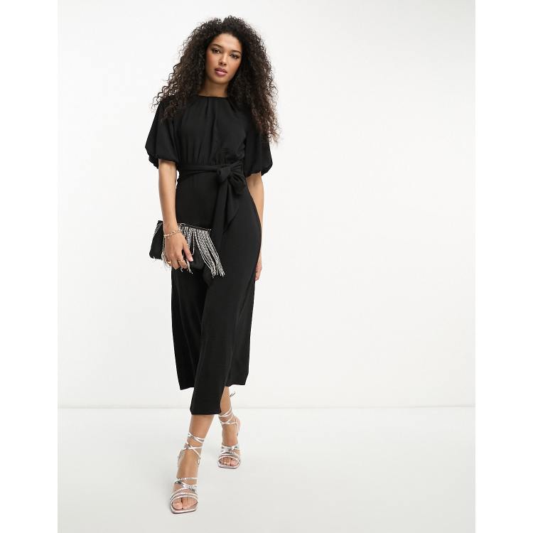 ASOS DESIGN tie waist puff sleeve midi dress in black | ASOS