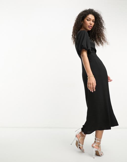 ASOS DESIGN tie waist puff sleeve midi dress in black | ASOS