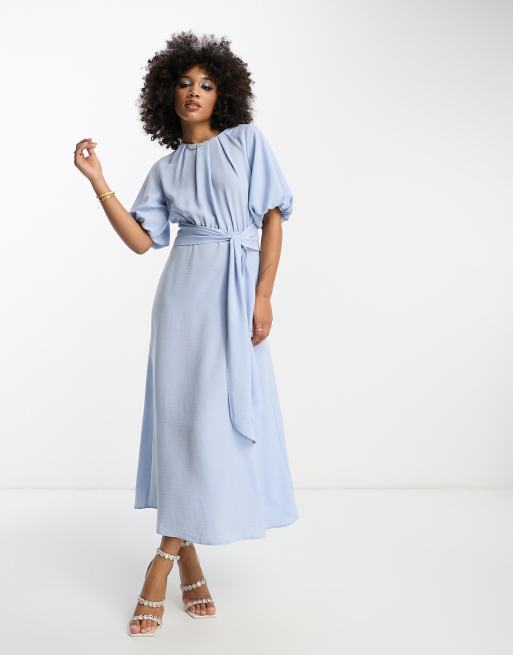 Puff Sleeve Tie Waist Midi Dress