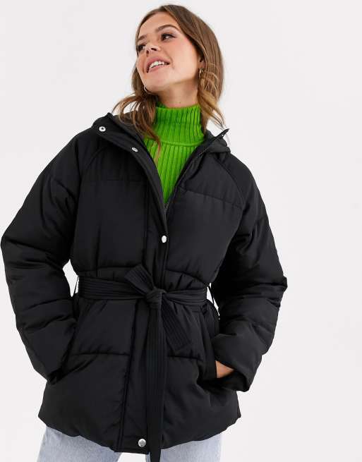 ASOS DESIGN tie waist puffer jacket in black | ASOS