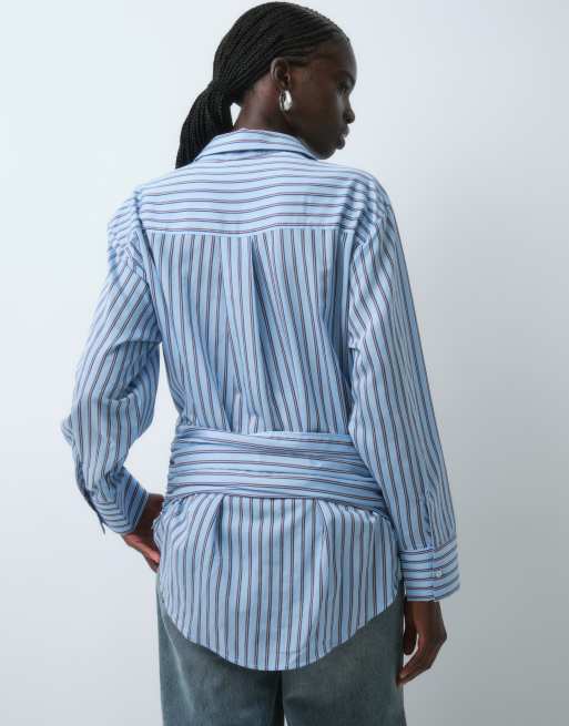 ASOS DESIGN tie waist shirt in blue and brown stripe, 2 of 5
