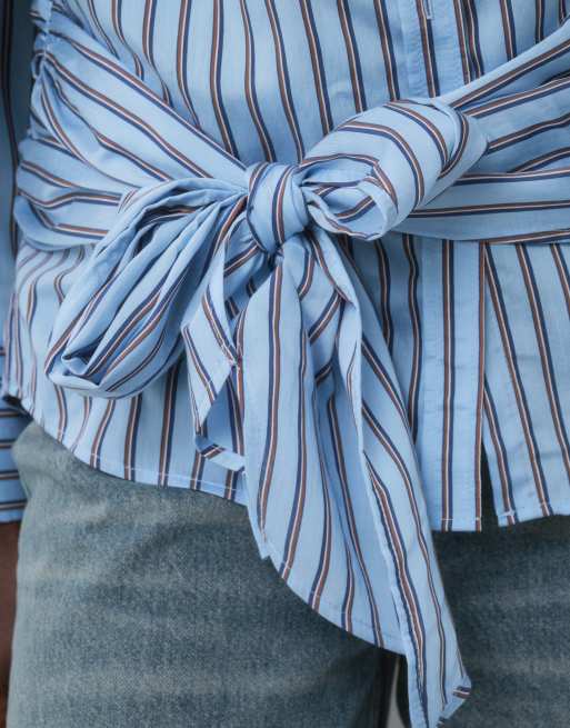 ASOS DESIGN tie waist shirt in blue and brown stripe, 4 of 5