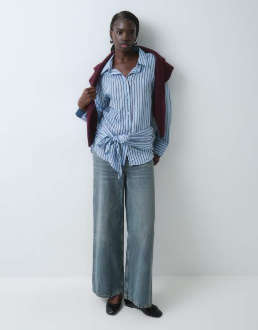 ASOS DESIGN tie waist shirt in blue and brown stripe, 5 of 5