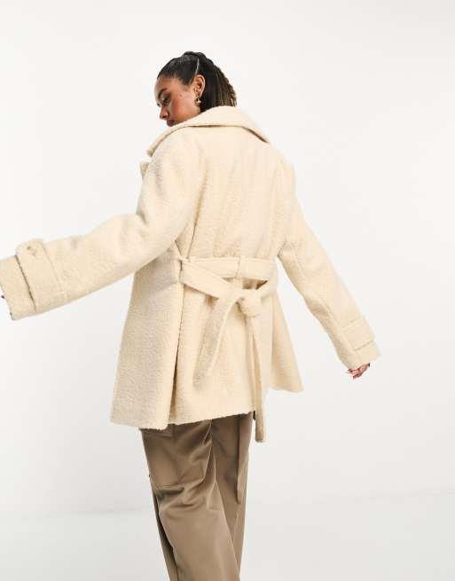 ASOS DESIGN tie waist short coat in cream