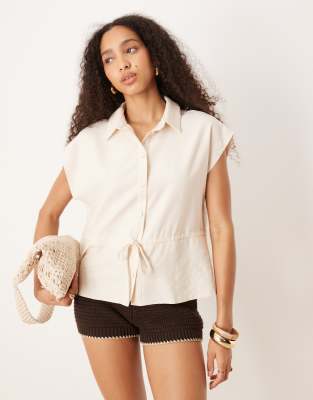 Asos Design Tie Waist Short Sleeve Shirt-blue