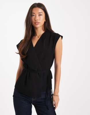 ASOS DESIGN tie waist sleeveless poplin top-Black