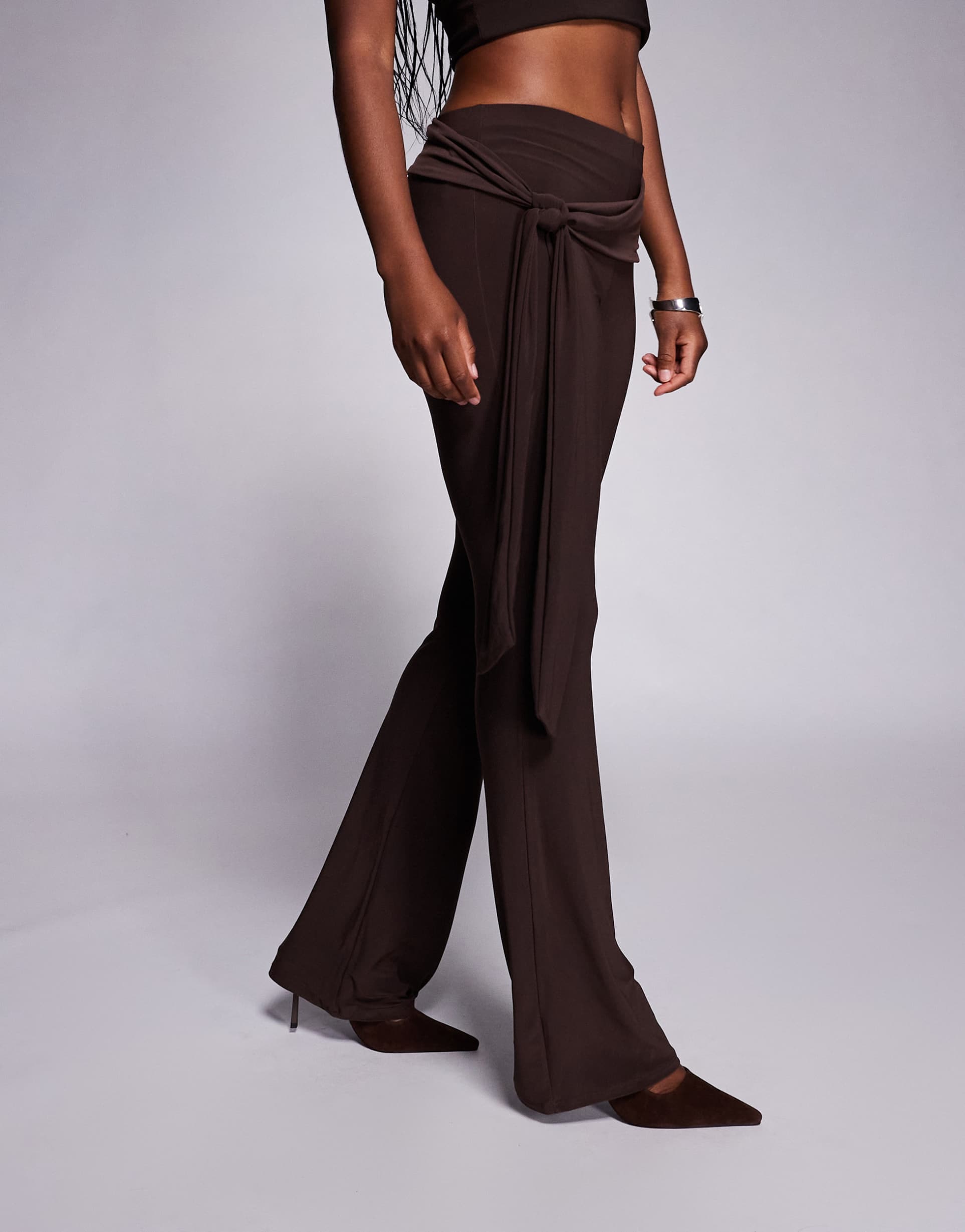 asos design tie waist slinky kick flare pants in chocolate
