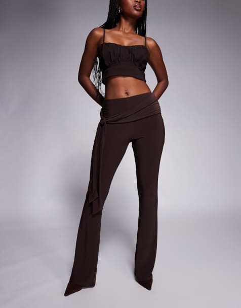 ASOS DESIGN tie waist slinky kick flare trousers in chocolate - view 1