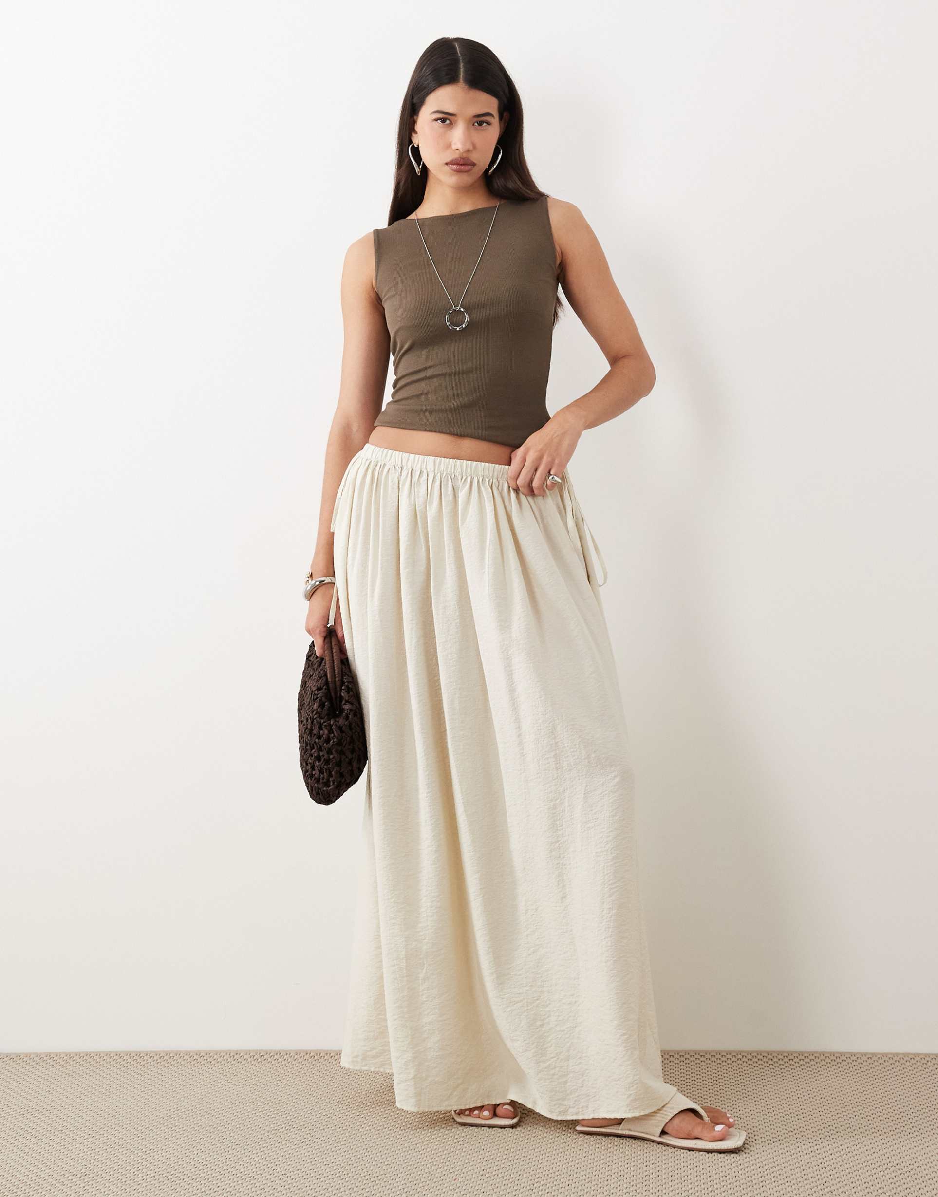 asos design tie waist soft crinkle maxi skirt in oyster