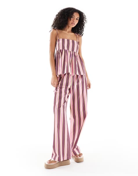 ASOS DESIGN tie waist straight leg co-ord trouser in stripe - view 1