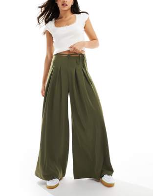 Asos Design Tie Waist Super Wide Leg Tailored Pants In Khaki-green