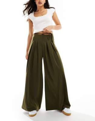 ASOS DESIGN tie waist super wide leg tailored trouser in khaki-Green