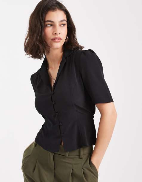 ASOS DESIGN tie waist tea blouse in black - view 1