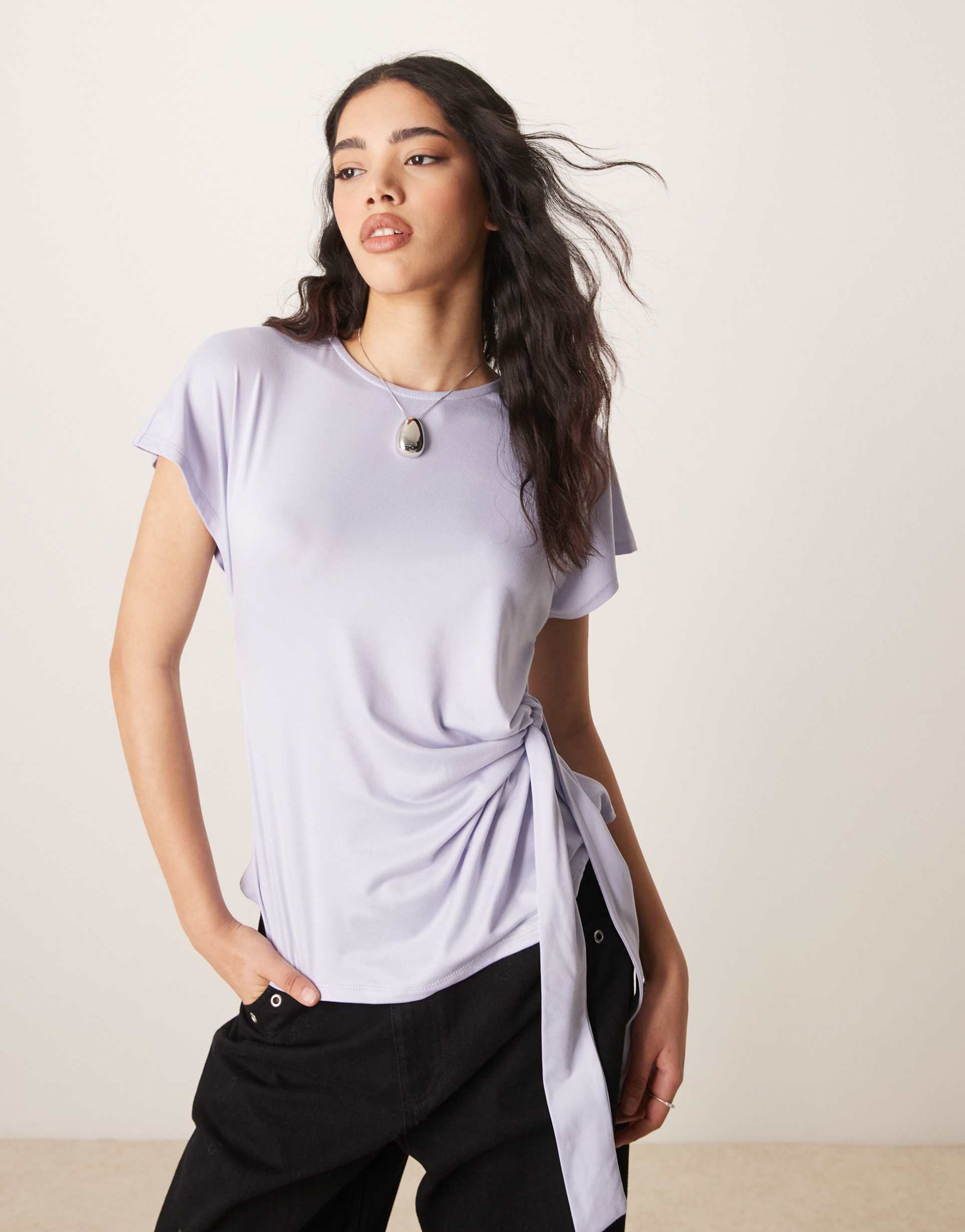 asos design tie waist top in blue