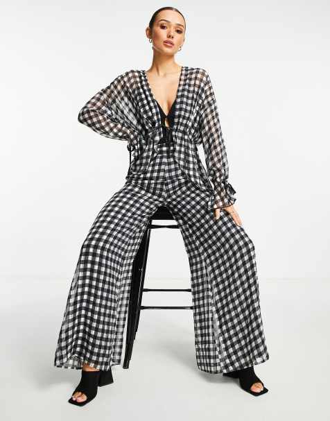 ASOS DESIGN tie waist top in mono check co-ord - view 1