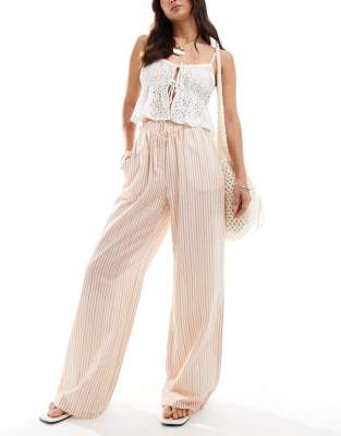 tie waist wide leg pants with linen in brown & cream stripe-Multi