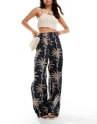 tie waist wide leg pants with linen in palm print-Multi