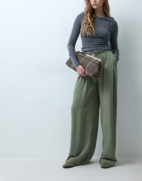 ASOS DESIGN tie waist wide leg trouser in khaki set - view 1