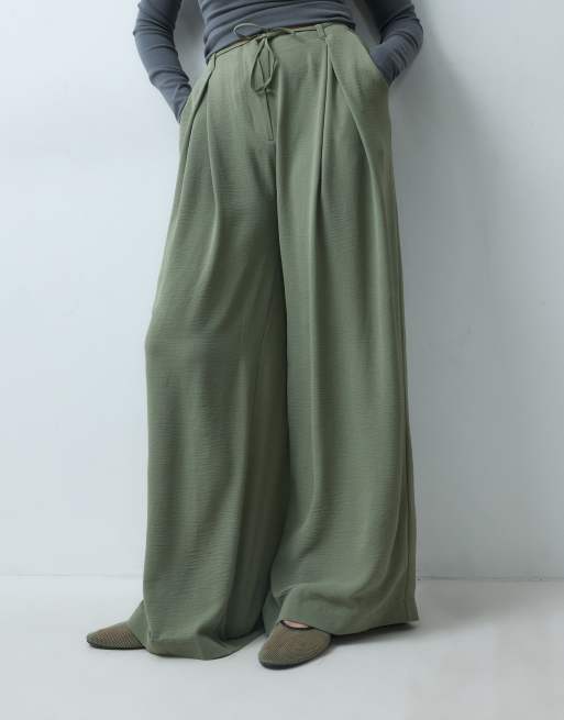 ASOS DESIGN tie waist wide leg trouser in khaki set, 2 of 5