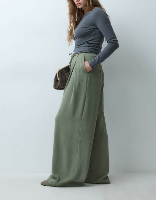 ASOS DESIGN tie waist wide leg trouser in khaki set, 3 of 5