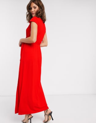 red wrap front dress