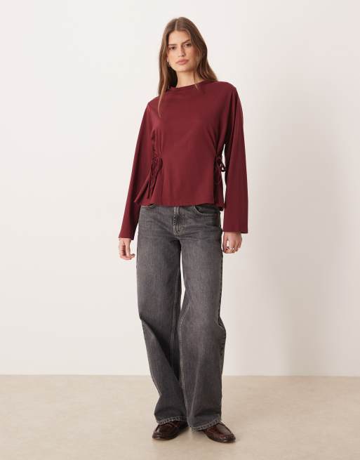 ASOS DESIGN tie waisted detail long sleeve top in dark cherry, 4 of 4
