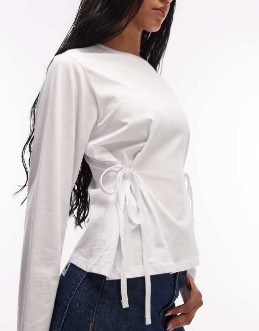 ASOS DESIGN tie waisted detail long sleeve top in white, 4 of 4