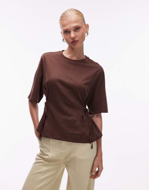 ASOS DESIGN tie waisted detail short sleeve top in chocolate - view 1