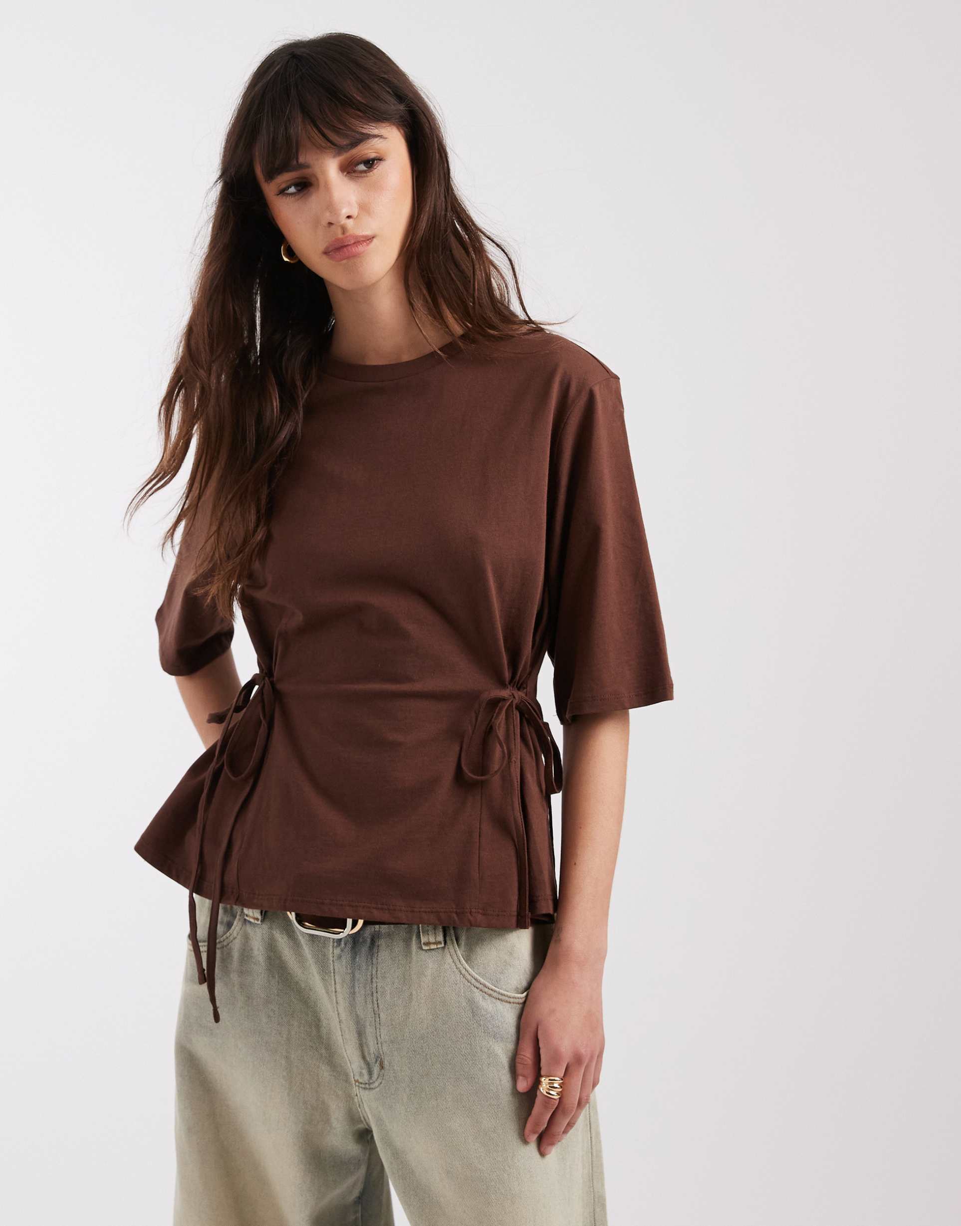 asos design tie waisted detail short sleeve top in chocolate