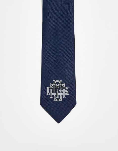 ASOS DESIGN tie with embroidery in navy - view 1