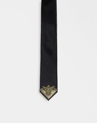 ASOS DESIGN tie with gold metallic detail in black-Navy