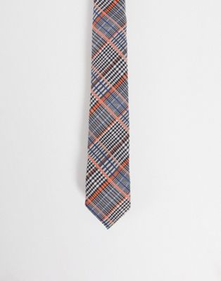 ASOS DESIGN tie with heritage check in stone and orange