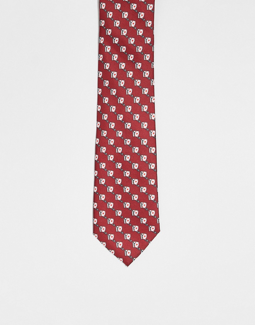 Asos Design Tie With Playing Card Print In Red
