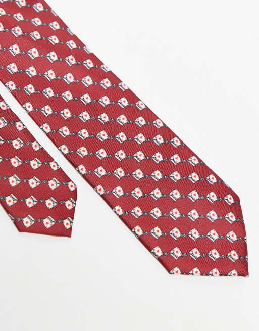 ASOS DESIGN tie with playing card print in red, 3 of 4