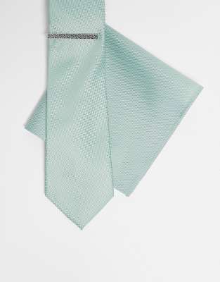 Asos Design Tie With Pocket Square And Tie Bar In Green