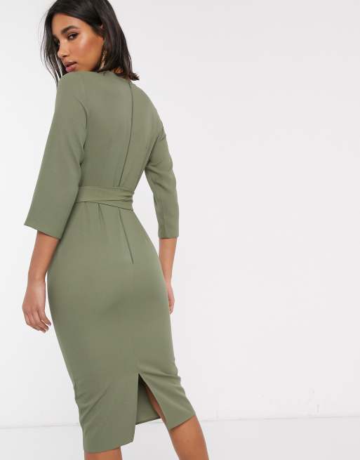 ASOS DESIGN tie wrap around midi dress in khaki | ASOS