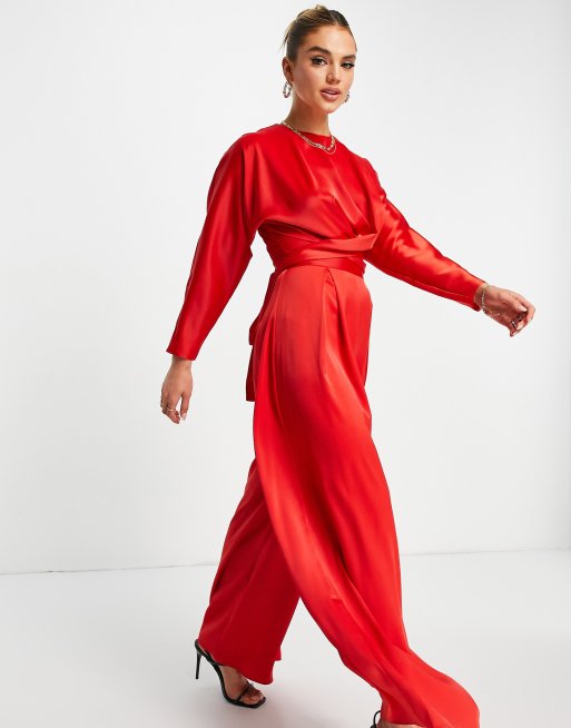 ASOS DESIGN tie wrap front top with long sleeves in red - part of a set