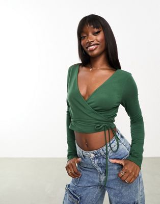 ASOS DESIGN cotton tie wrap long sleeve top in forest green