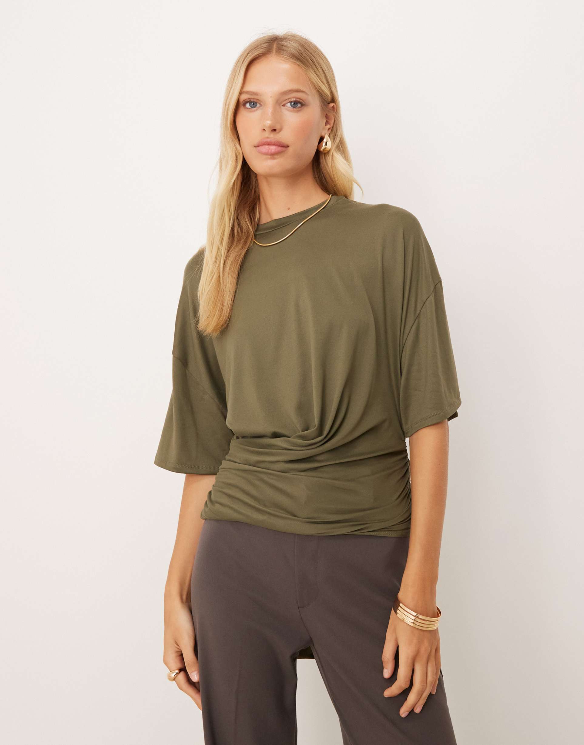 asos design tie wrap t-shirt in khaki