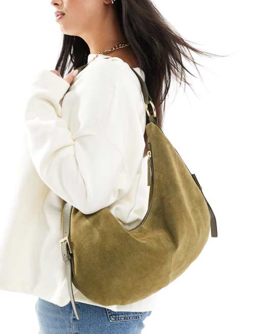 ASOS DESIGN – Tief ausgeschnittene Schultertasche aus Wildleder in Tannengrün, 3 von 4