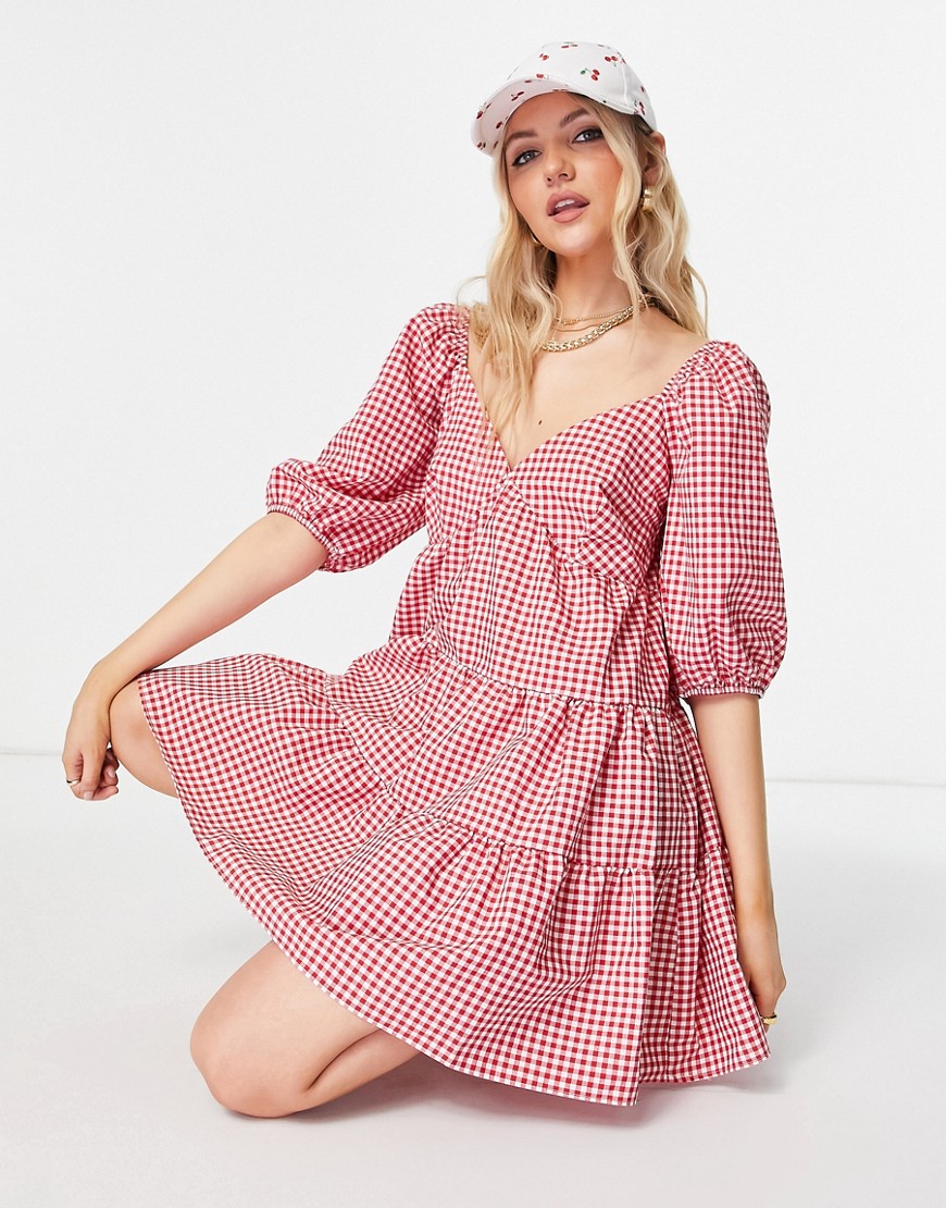 ASOS DESIGN tiered babydoll mini smock dress in red and white gingham-Multi