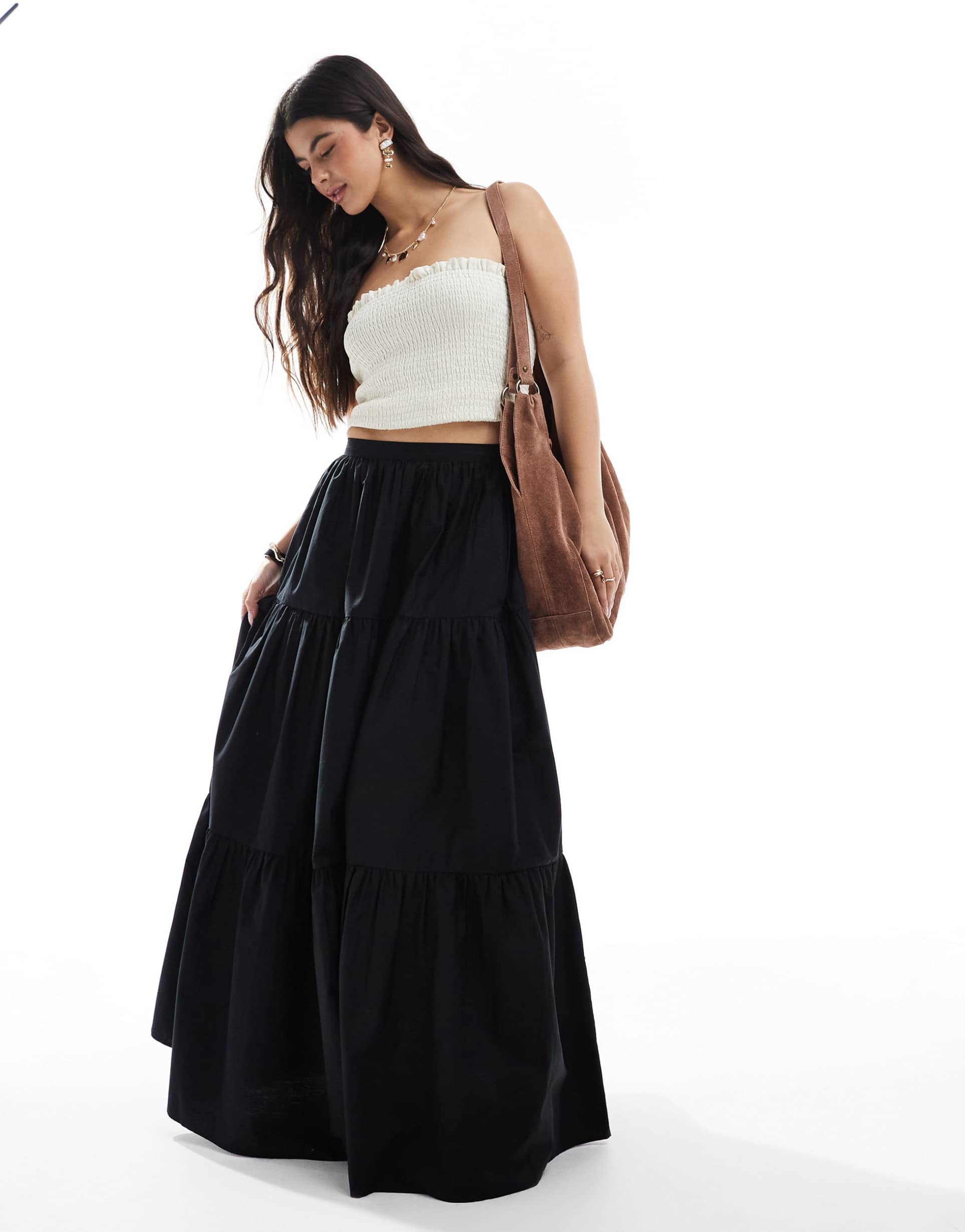 asos design tiered boho maxi skirt in black