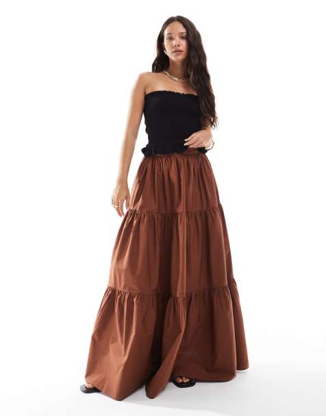 ASOS DESIGN tiered boho maxi skirt in brown - view 1