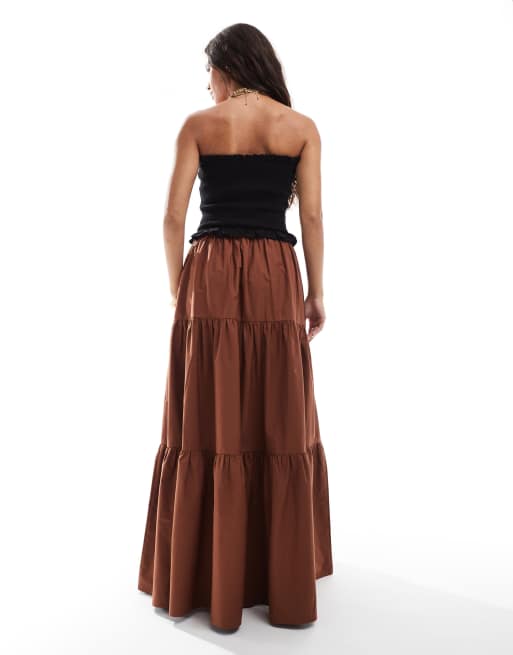 ASOS DESIGN tiered boho maxi skirt in brown